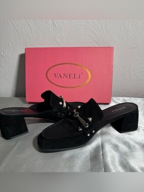 Vaneli Black Suede Slip-On Block Heel Mules - 9N